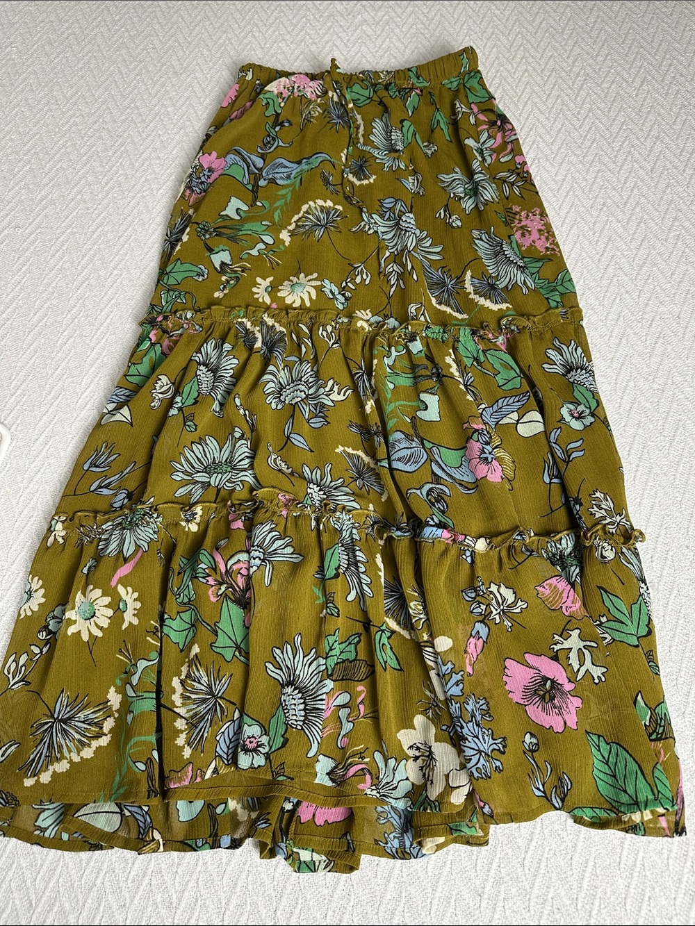 aerie floral ruffled midi skirt tiered olive green floral boho western peasant